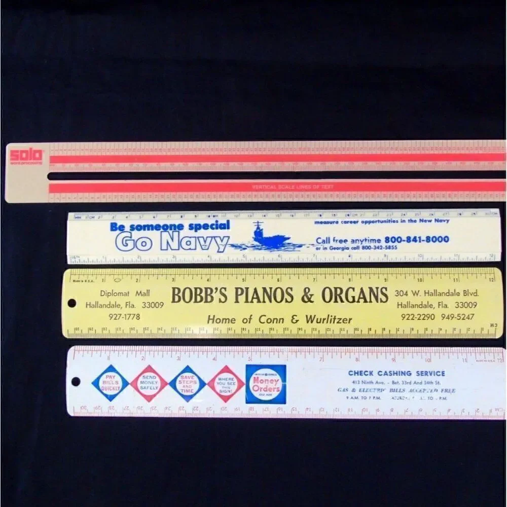 Vintage Advertising Rulers Go Navy Bobs Pianos Check Cashing Word Processing